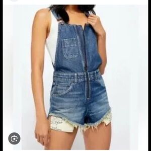 We The Free Two-Tone Blue Denim Short Overalls